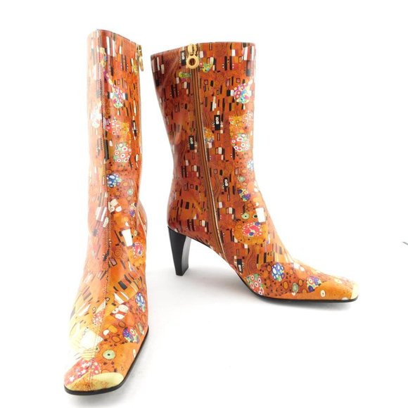 Icon Leather Boots "The Kiss" Art Design High Ankle Booties 9.5 M MADE IN ITALY - Picture 3 of 4
